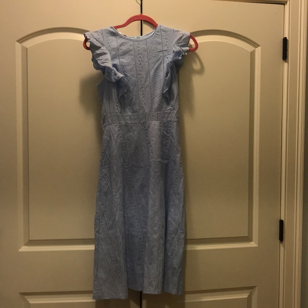 Purple Ecowish dress with ruffled sleeves.